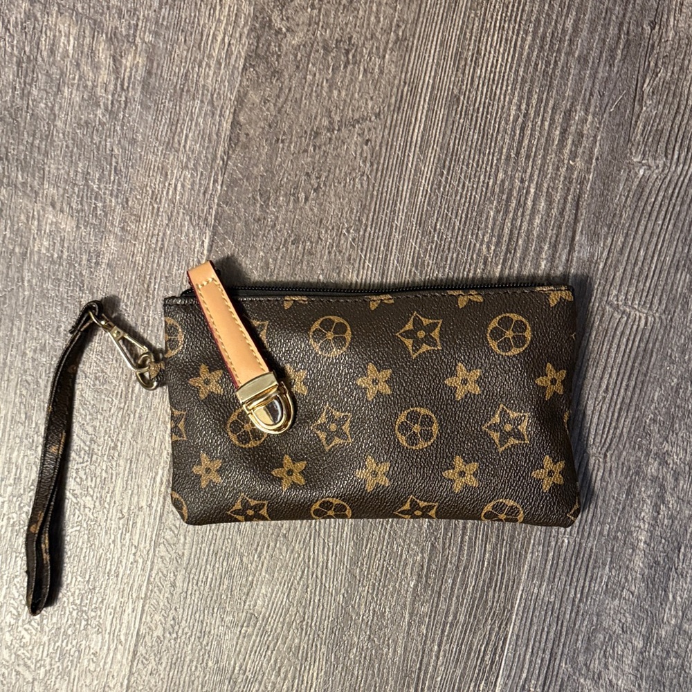 Brown Monogram Wristlet Clutch with Tan Strap